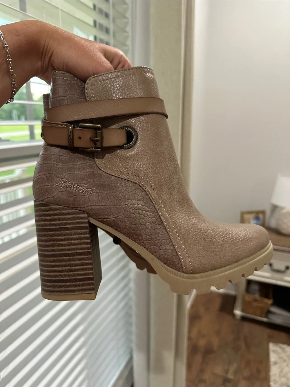 Blowfish Taupe Textured Buckle Block Heel Ankle Boot